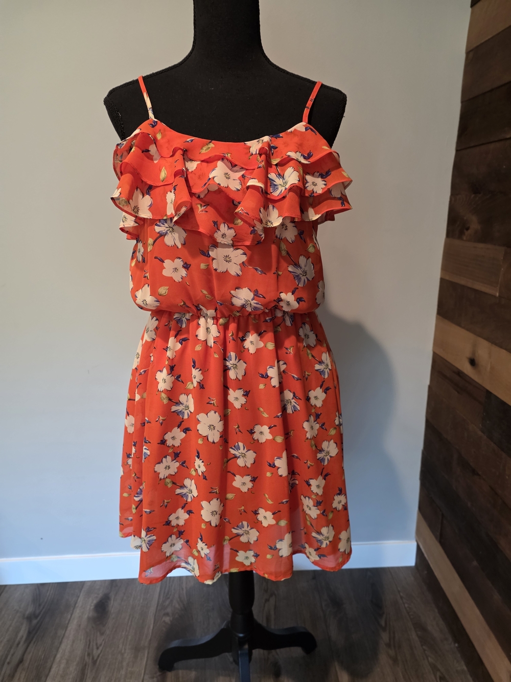 Floral Ruffle Spaghetti-Strap Dress - Orange